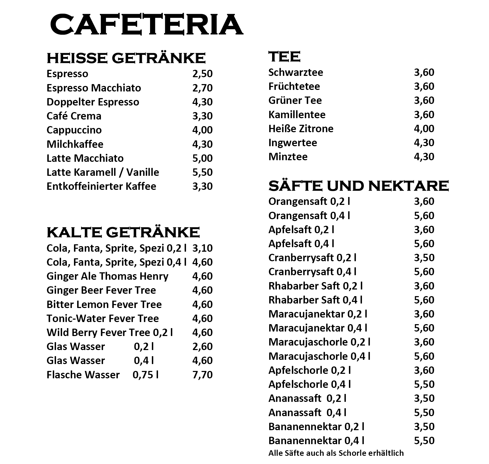 Speisekarte Seite 1